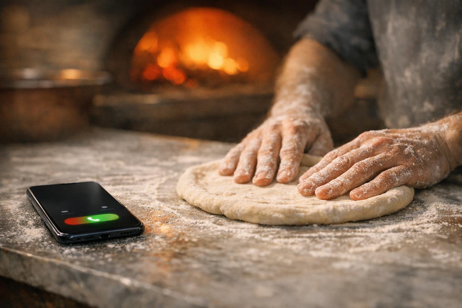 Smartphone con una chiamata in arrivo sul banco di una pizzeria, accanto le mani infarinate del pizzaiolo che continuano a lavorare