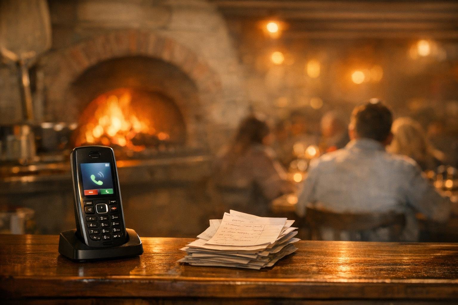 Bancone di una pizzeria in servizio con un telefono che squilla e il forno a legna sullo sfondo