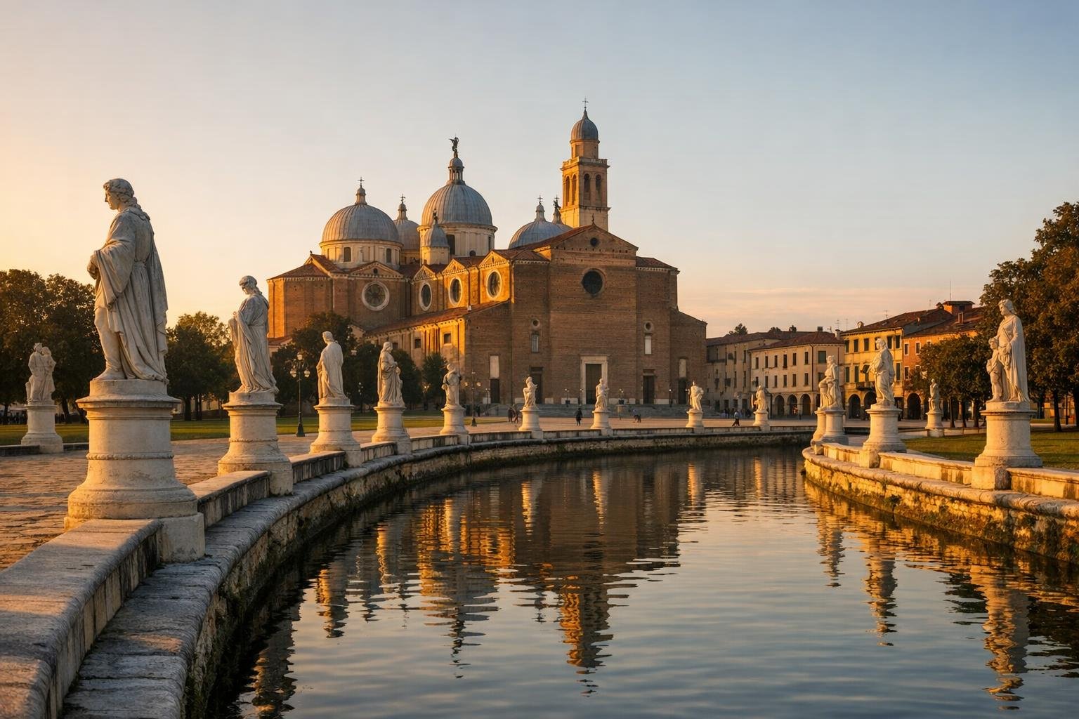 Prato della Valle a Padova al tramonto, con le statue e la Basilica di Santa Giustina