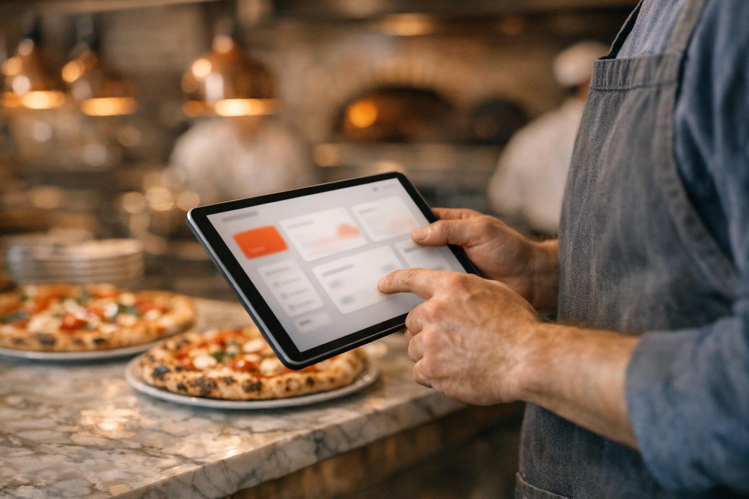 Mani di un ristoratore con un tablet al passe della cucina, pizze sullo sfondo