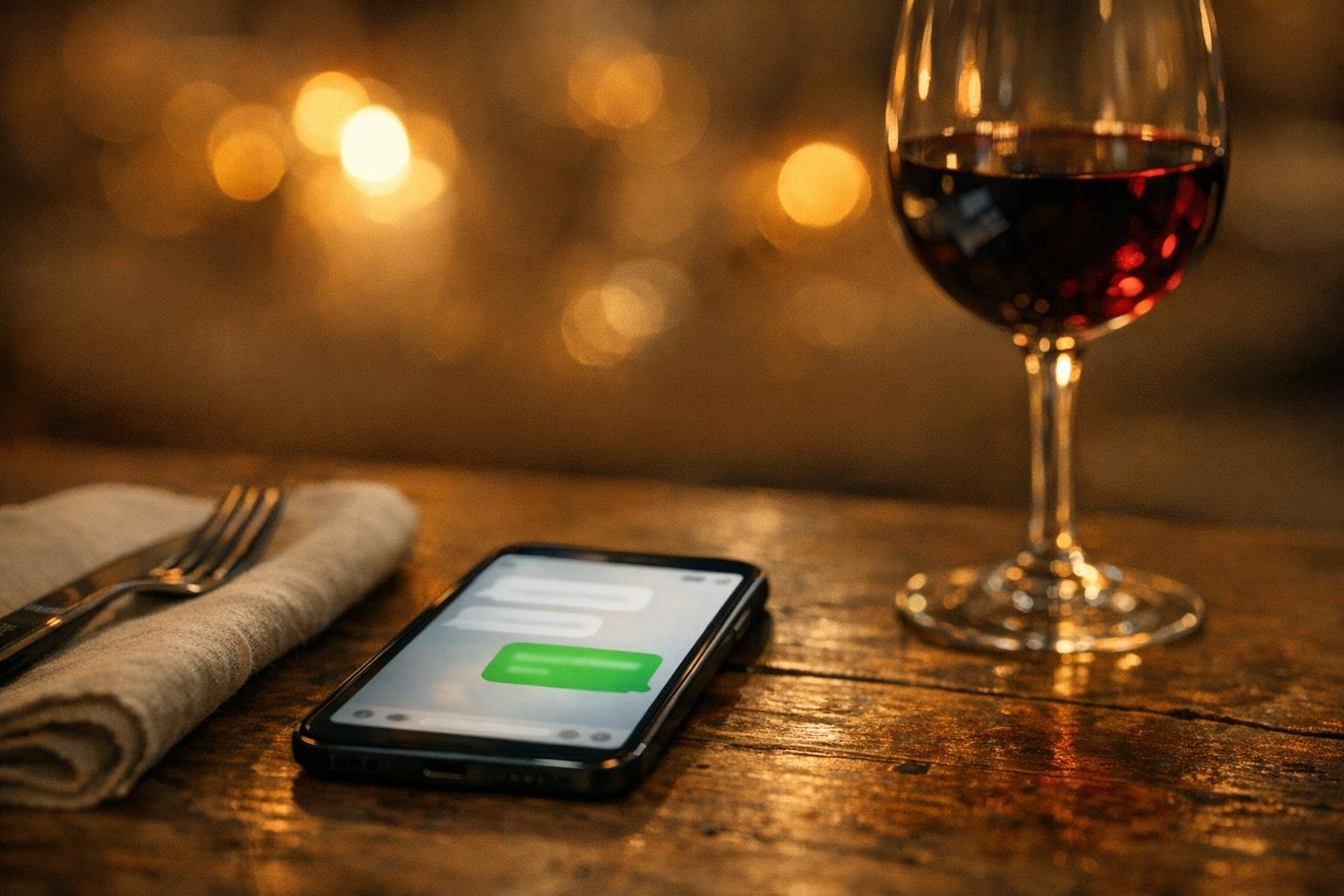 Smartphone su un tavolo di ristorante con la conferma della prenotazione ricevuta su WhatsApp