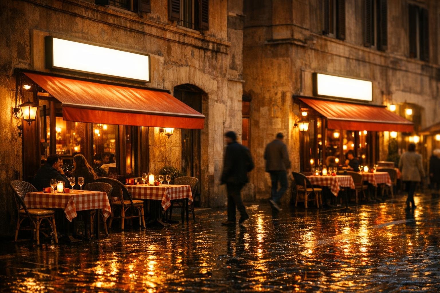 Due locali dello stesso marchio su una via italiana la sera, con le insegne accese