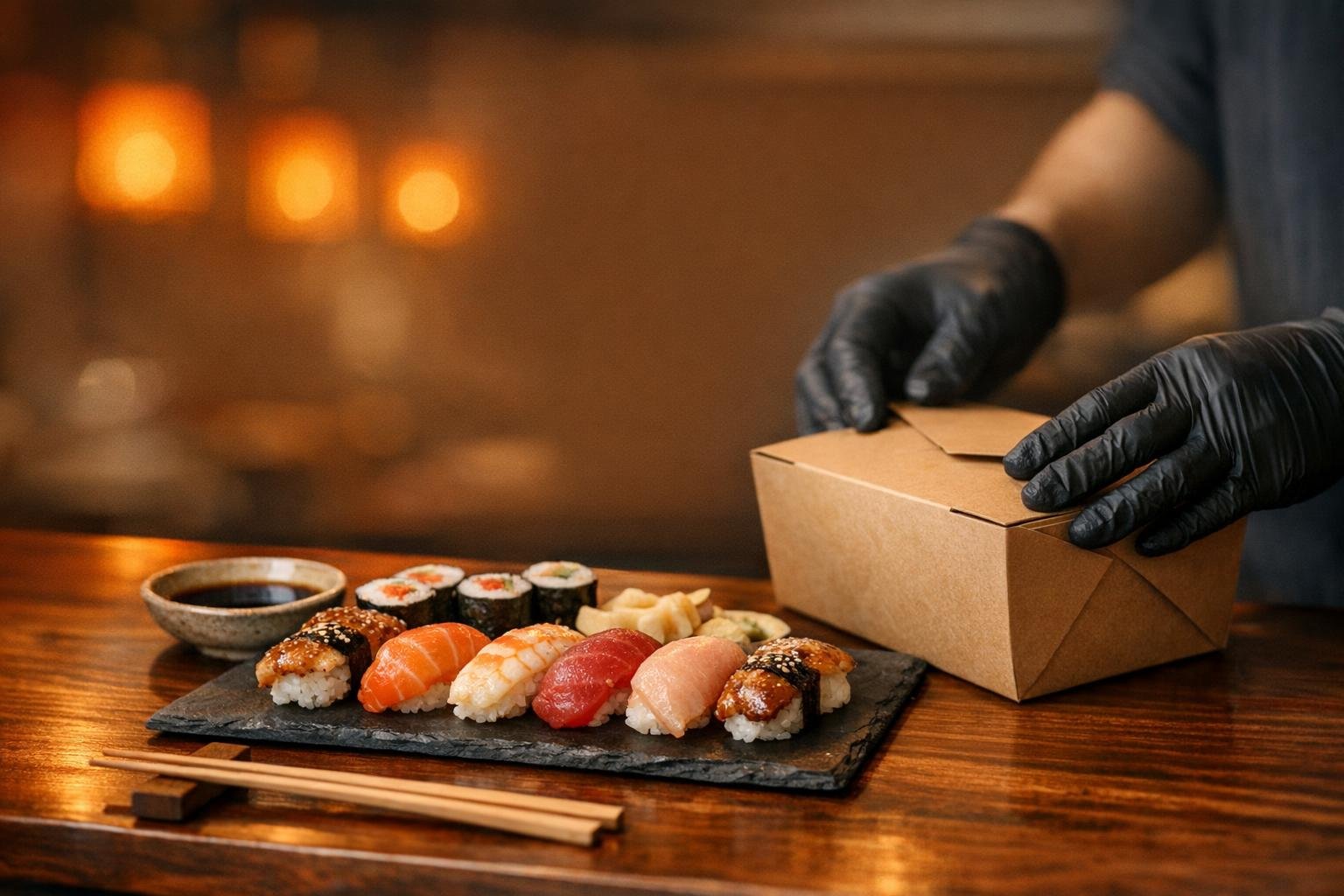 Banco sushi con nigiri e maki disposti su un vassoio, bacchette e ciotola di salsa