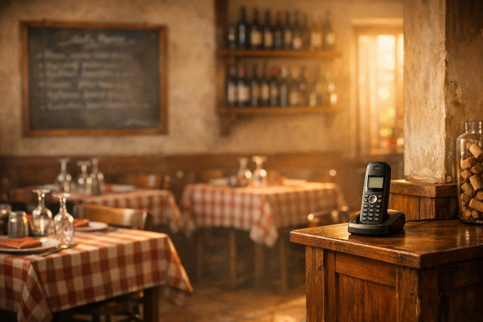 Interno di una trattoria italiana con tovaglie a quadretti, bottiglie di vino e lavagna del menu del giorno